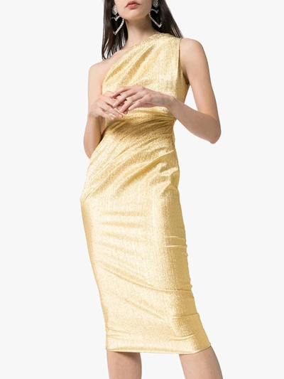 Shop Dolce & Gabbana One-shoulder Metallic Silk-blend Midi Dress In Gold