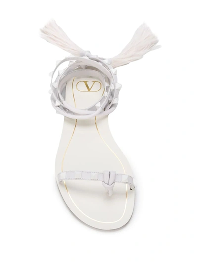 Shop Valentino Rockstud Feather Tassel Sandals In White