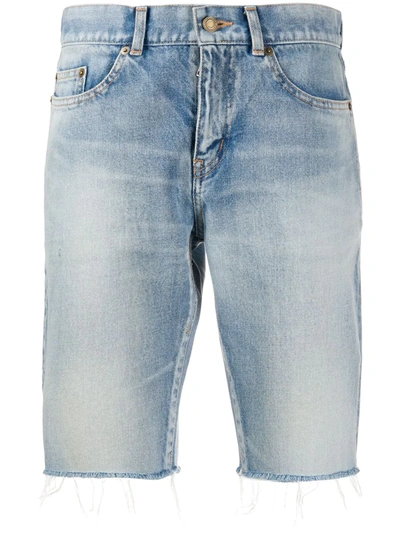 Shop Saint Laurent Frayed-edge Denim Shorts In Blue