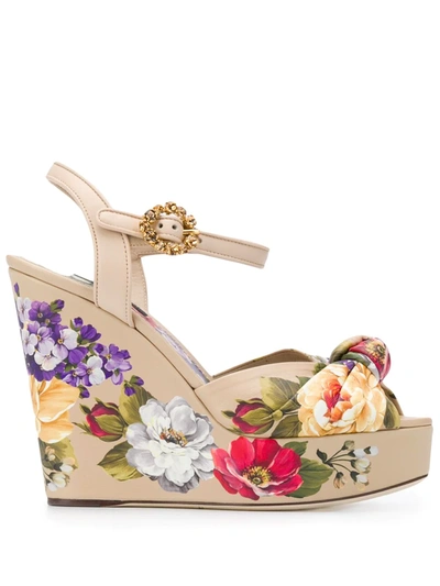 Shop Dolce & Gabbana Floral Wedge Sandals In Neutrals