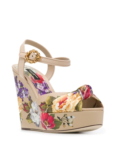 Shop Dolce & Gabbana Floral Wedge Sandals In Neutrals