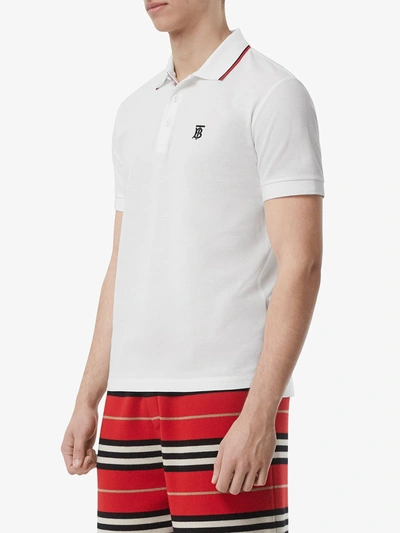 Shop Burberry Icon Stripe Placket Cotton Piqué Polo Shirt In White