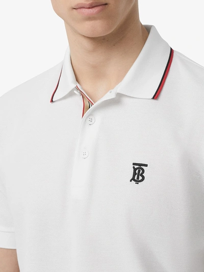 Shop Burberry Icon Stripe Placket Cotton Piqué Polo Shirt In White