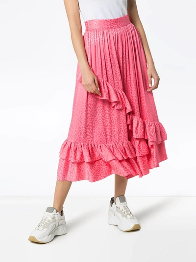 Batsheva Diagonal Ruffle Midi Skirt In Pink