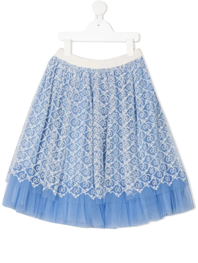 Shop Gucci Gg Embroidered Tulle Skirt In Blue