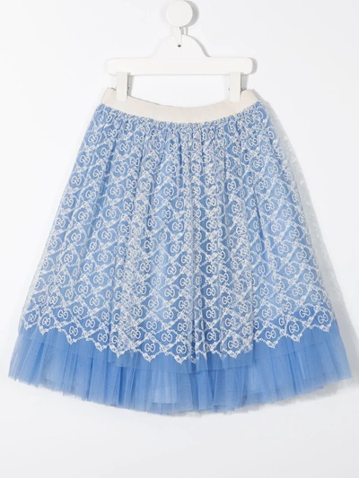 Shop Gucci Gg Embroidered Tulle Skirt In Blue