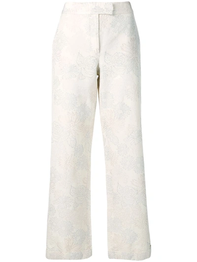 Pre-owned Ferragamo 1990's Floral Print Wide-leg Trousers In Neutrals