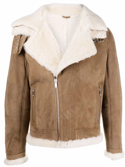 Shop Les Hommes Faux-shearling Trim Leather Jacket In Brown