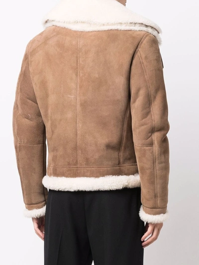 Shop Les Hommes Faux-shearling Trim Leather Jacket In Brown