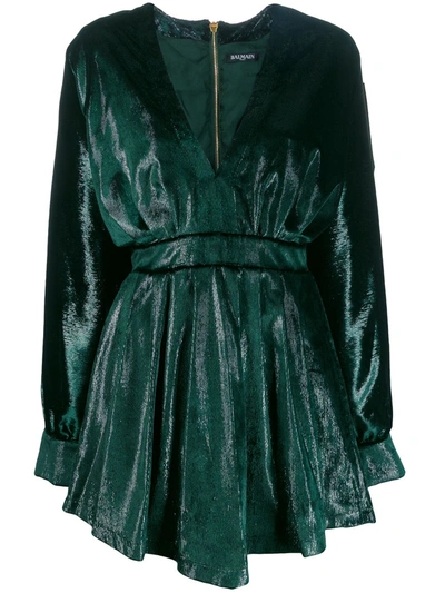 Shop Balmain Metallic Flared Dress In Green