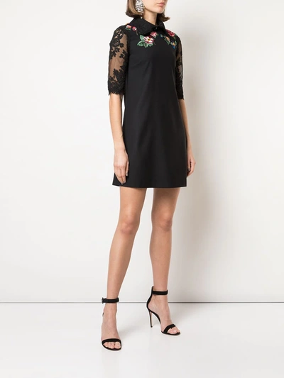 Shop Marchesa Floral Lace Embroidered Mini Dress In Black
