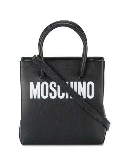 Shop Moschino Black Logo Print Leather Tote Bag