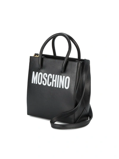 Shop Moschino Black Logo Print Leather Tote Bag