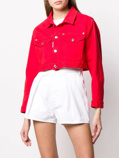 Shop Dsquared2 Icon Cropped Denim Jacket In Red