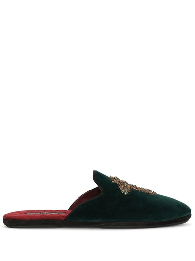 Shop Dolce & Gabbana Cross-embellished Velvet Slippers In Green