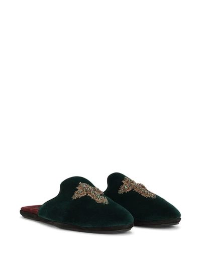 Shop Dolce & Gabbana Cross-embellished Velvet Slippers In Green