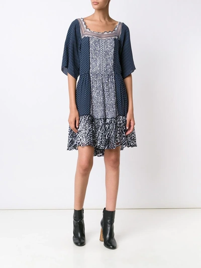 Shop Chloé Polka Dot Lace Insert Dress In Blue