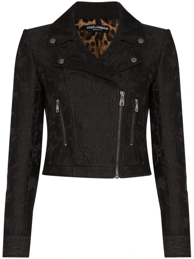 Shop Dolce & Gabbana Jacquard Printed Biker Jacket In Black