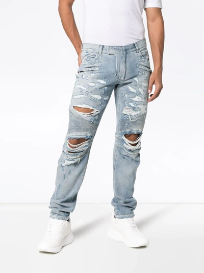 Shop Balmain Slim Ripped Biker Jeans In Blue