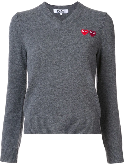 Shop Comme Des Garçons Play Double Heart V-neck Jumper In Grey