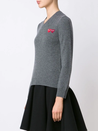 Shop Comme Des Garçons Play Double Heart V-neck Jumper In Grey