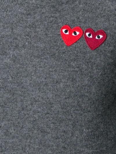 Shop Comme Des Garçons Play Double Heart V-neck Jumper In Grey