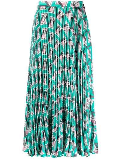 Shop Msgm Geometric Pattern Pleated Midi Skirt In Green