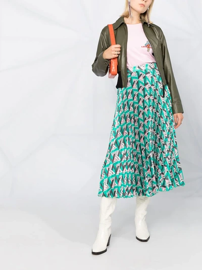 Shop Msgm Geometric Pattern Pleated Midi Skirt In Green