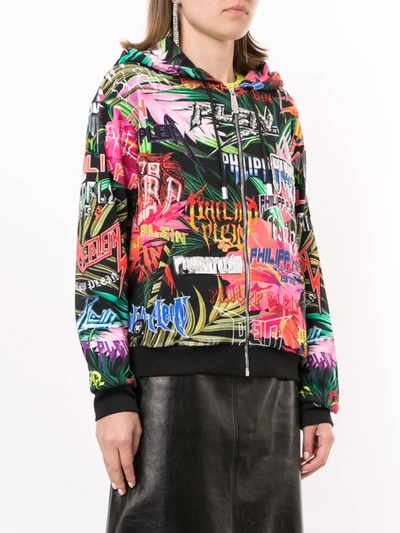 Shop Philipp Plein Graphic Logo Print Zipped Hoodie In Black