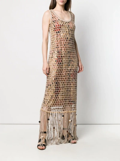 Shop Ferragamo Fringed Mesh Overlay Dress In Neutrals