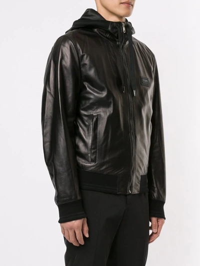 Dolce & Gabbana Leather Jacket With Hood And Branded Plate In Black