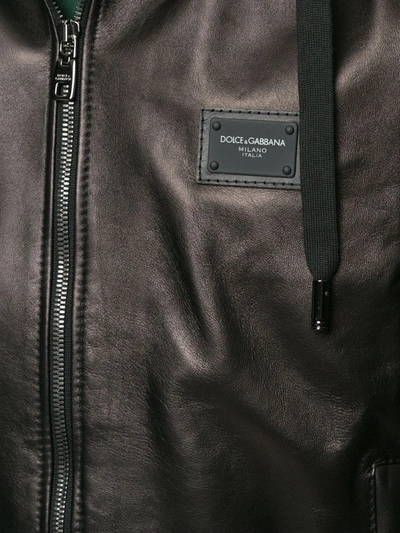 Dolce & Gabbana Leather Jacket With Hood And Branded Plate In Black