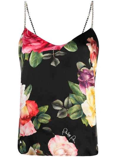 Shop Philipp Plein Holiday Flowers Print Silk Vest Top In Black