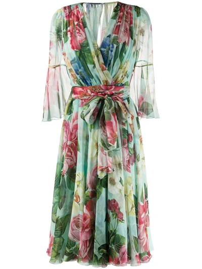 Dolce & Gabbana Crossed Chiffon Midi Dress With Floral Ombre Print In Blue