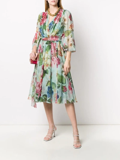 Dolce & Gabbana Crossed Chiffon Midi Dress With Floral Ombre Print In Blue