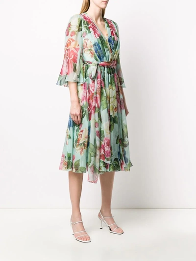 Dolce & Gabbana Crossed Chiffon Midi Dress With Floral Ombre Print In Blue