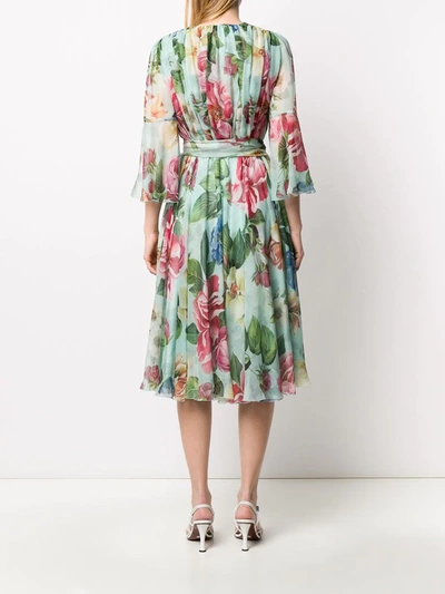 Dolce & Gabbana Crossed Chiffon Midi Dress With Floral Ombre Print In Blue