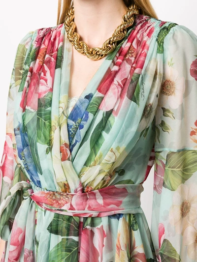 Dolce & Gabbana Crossed Chiffon Midi Dress With Floral Ombre Print In Blue