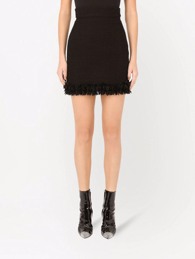 Dolce & Gabbana Crochet-trimmed Wool-blend Bouclé Skirt In Schwarz