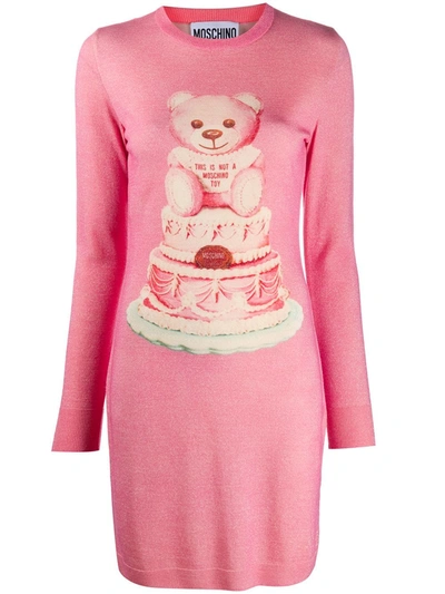 Shop Moschino Intarsia Bear Lurex Knitted Dress In Pink