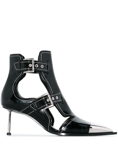 ALEXANDER MCQUEEN BLACK BUCKLE-UP PATENT LEATHER ANKLE BOOTS - 黑色
