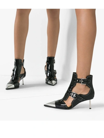 ALEXANDER MCQUEEN BLACK BUCKLE-UP PATENT LEATHER ANKLE BOOTS - 黑色