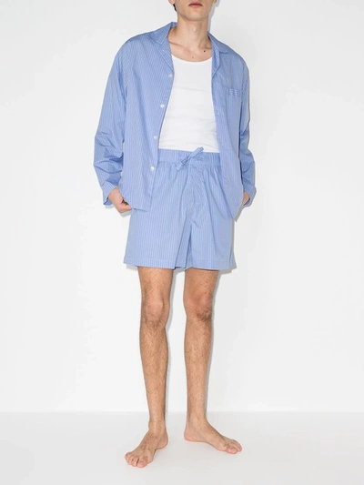 Shop Tekla Poplin Pinstriped Pajama Shorts In Blue