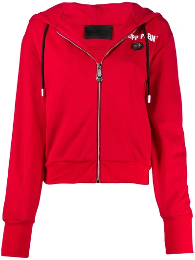 Shop Philipp Plein Zip-up Logo Print Hoodie In Red