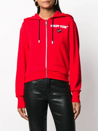 Shop Philipp Plein Zip-up Logo Print Hoodie In Red