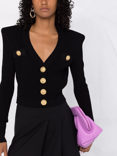 Balmain Structured Shoulder Black V-neck Cardigan With Decorative Buttons In Schwarz