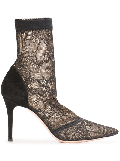 Shop Gianvito Rossi Floral Lace Ankle Boots In Black