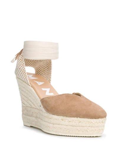 Shop Manebi Wrap-tie Wedge Sandals In Neutrals