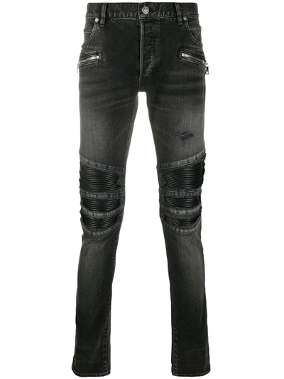 Balmain Monogram Rib Slim Cotton Denim Jeans In Black | ModeSens