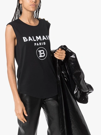 Shop Balmain Logo Print Tank Top In Black